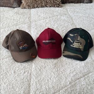 Jeep Brown, Red, and Green Hats a lot of 3 hats
